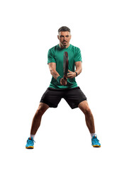 Padel player isolated on white background. Open social tour template. Paddle tenis template for social media design with copy space.