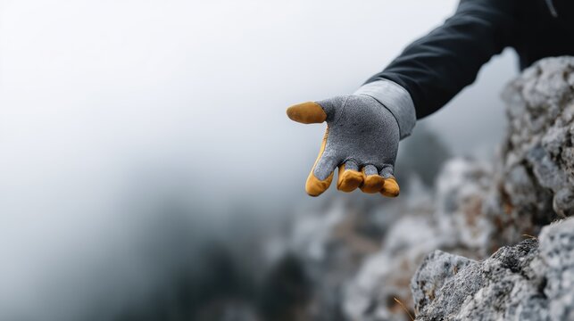 Climber extends a gloved hand over rocky terrain in foggy mountain conditions, symbolizing trust, teamwork, and outdoor adventure.
