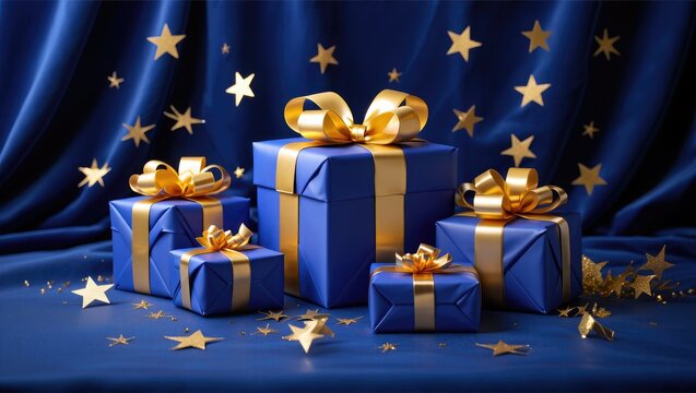 Blue gift boxes with gold ribbon and stars present - Powered by Adobe