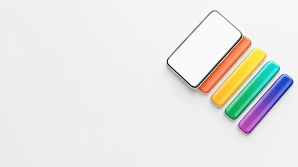 A smartphone with a blank screen rests on a white surface, accompanied by a collection of colorful accessories. The accessories are arranged in a diagonal patte