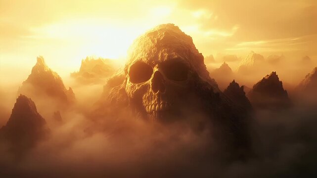 Halloween holiday promotion theme. Spooky scaring. A digital artwork portraying a large, jagged rock formation with a skull emerging from it.