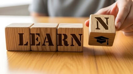 Wooden blocks spelling learn with graduation cap icon for education concept