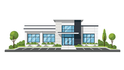 Stunning modern office building with a parking lot and green landscaping for professional services or commercial use in a vibrant urban setting