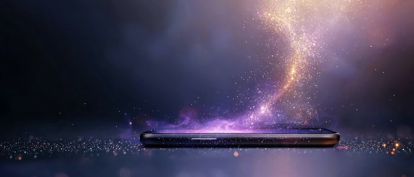 A smartphone is shown with a digital galaxy effect emanating from the screen, set against a dark, atmospheric background.