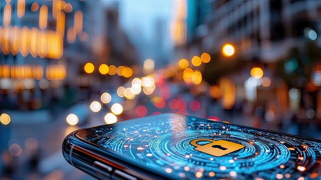 A close-up of a smartphone displaying a digital security lock, set against a blurred city background at night. - Powered by Adobe
