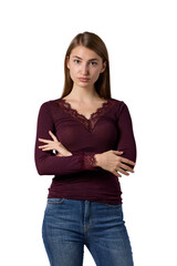 Obraz premium Slavic woman in burgundy lace top and jeans
