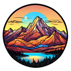 Circular Mountain Sunset Landscape with Lake and Pine Forest