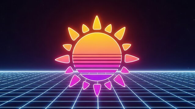 Retro synthwave sun icon glowing over a neon blue wireframe grid landscape