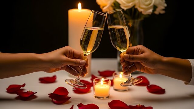 Couple celebrating with champagne flutes and rose petals for Valentine's Day