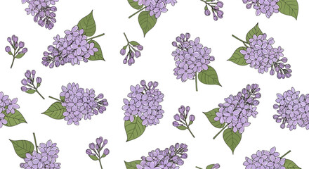 Enchanting seamless pattern featuring lilac blossoms on a pristine white background for spring