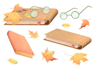 A set of back to school watercolor illustrations. The isolated drawings are hand drawn. A book, autumn leaves, glasses, and a photo album are featured in a simple, childish style.