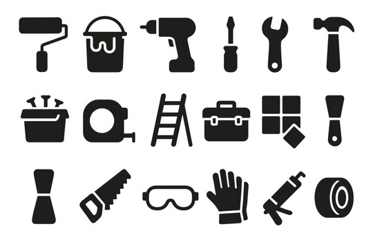 Home renovation tools icon set for construction and diy projects