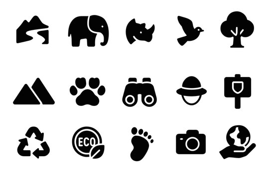 Wildlife and nature icons set for eco designs, featuring animals, landscapes, and conservation symbols