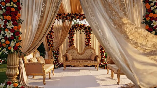 Ornate Wedding Canopy Decorated With Red Orange and White Flowers Lush Greenery and Golden Drapes with Elegant Seating Arrangement Illuminated by Natural Sunlight