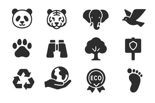 Wildlife conservation icons: animals, eco symbols, and nature elements for environmental awareness