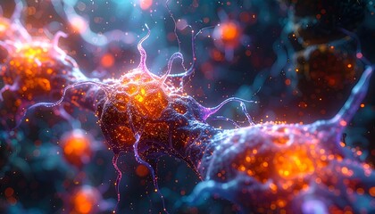 Detailed, abstract render of glowing, interconnected structures with vibrant, electric blue and orange hues