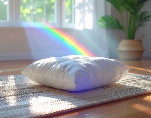 Find your zen in this bright, airy space with a rainbow casting vibrant colors across a plush meditation cushion and potted plant in a tranquil home setting