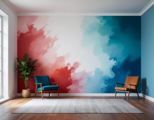 Modern living room interior with artistic wall, minimalist design, vibrant color palette, and stylish furniture accents for creative home decor inspiration