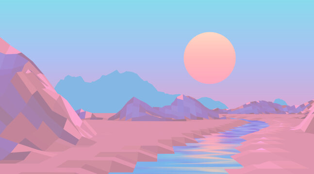 Low poly pastel vaporwave mountain landscape with pink sun and reflective river under soft gradient sky