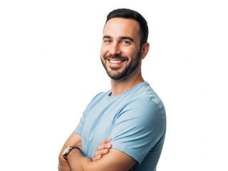 Smiling man with beard and arms crossed on white background