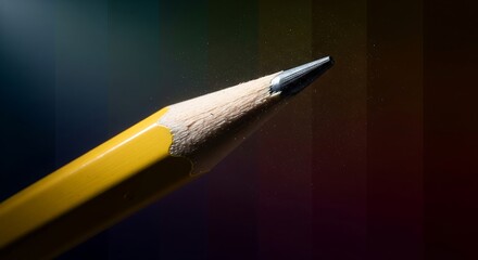 Detailed macro shot of a sharpened yellow pencil with graphite point showing against a blurred colorful background providing a study atmosphere