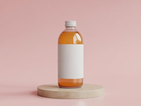 Clear glass kombucha bottle with white label on stone pedestal pink background liquid
