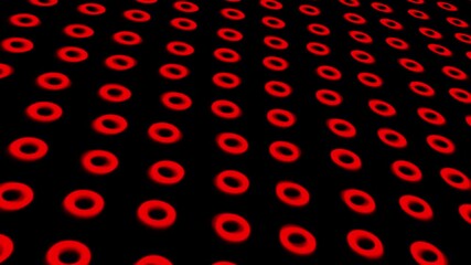 Glowing red circular rings forming repeating abstract geometric pattern on black futuristic digital background 