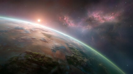 Fototapeta premium Beautiful view of a planet's surface with colorful galaxies and a bright sun rising in space