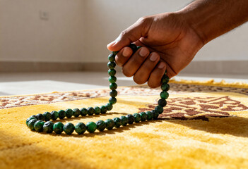 Young muslim man hands holding green prayer beads on carpet, spiritual devotion and fathers day tribute