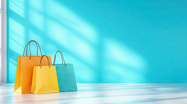 Three colorful shopping bags are standing in a room with a bright blue wall. The sunlight creates shadows on the wall and floor.