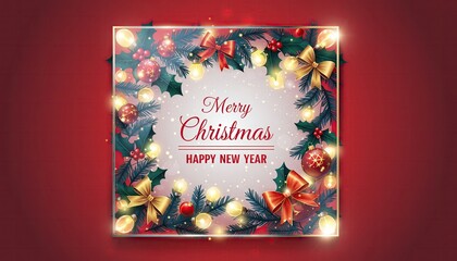 Festive Merry Christmas and Happy New Year greeting card with glowing lights and ornaments.