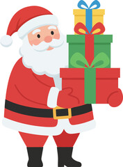 Santa claus carrying stack of colorful christmas presents in snowy winter wonderland, spreading joy and holiday cheer with festive spirit.