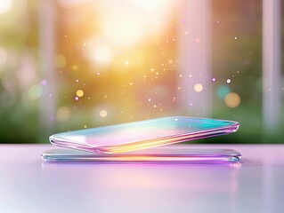 Two smartphone screens appear to be floating above a reflective surface, with a bokeh background of lights and nature.