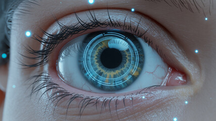 Ultra-detailed macro cyberpunk eye, glowing blue iris, biometric digital interface, intricate circular patterns, sharp contrast, futuristic tech, floating particles, high-resolution.