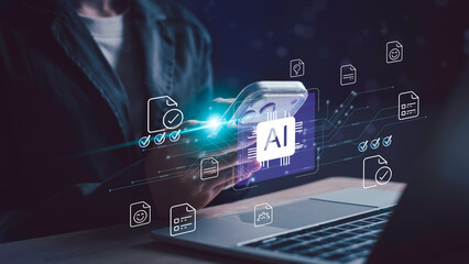 Businessman use smartphone with AI interface and digital documents, representing AI-powered document management, automation, and data processing for smart business solutions.