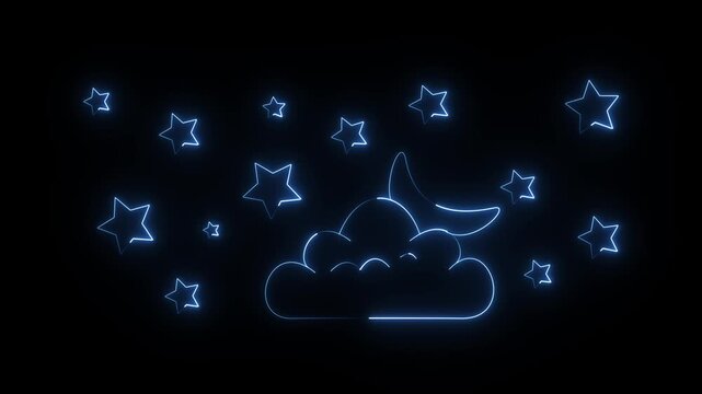 a digital illustration of a neon sign featuring a moon, clouds, and stars motif. The design uses a vibrant blue outline against a black background, simulating a neon light effect. 