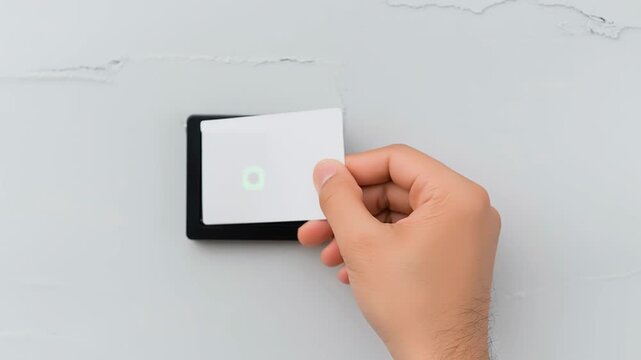 Man's hand is shown using a contactless keycard to unlock a door in a close up shot. This access control system is ideal for maintaining security in both office and home environments