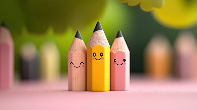 Three smiling pencils standing together on a pink surface with a blurred green background. The pencils have happy faces.