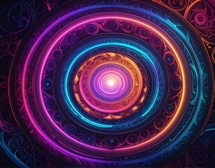 Concentric circles of vibrant neon colors converge towards a bright center, surrounded by ornate dark patterns