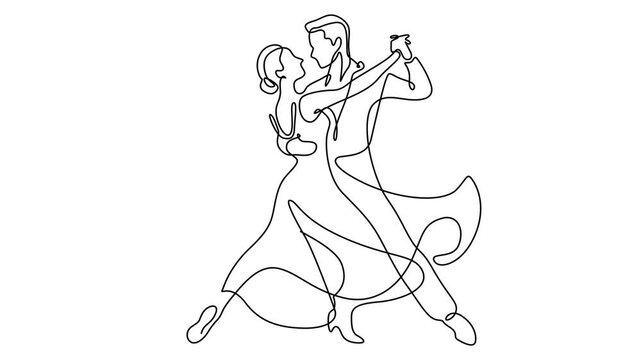 Animated self drawing of continuous one line drawing married couple dancing on dancefloor. Full length animated