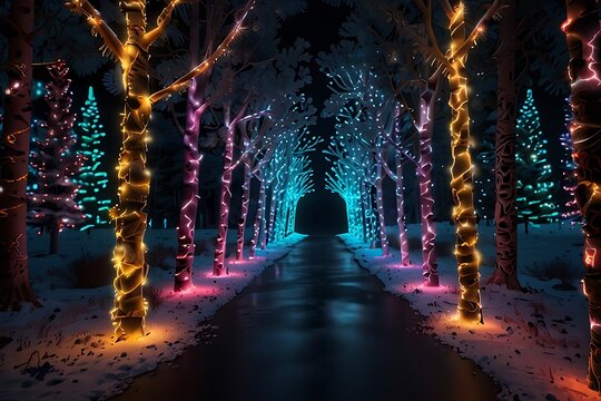 Old architecture in Europe is lit by Christmas tree lights on a dark winter urban street at evening - Powered by Adobe