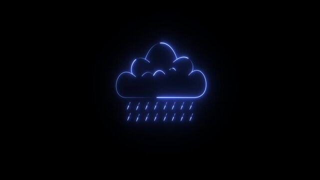 neon rain cloud icon. The icon is outlined in a glowing blue neon style against a black background.4k animation