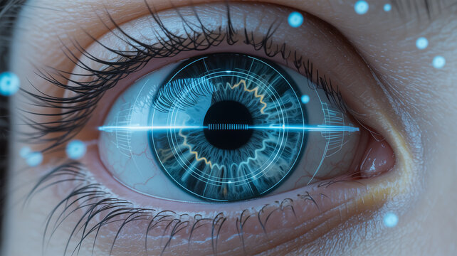 Ultra-detailed macro cyberpunk eye, glowing blue iris, biometric digital interface, intricate circular patterns, sharp contrast, futuristic tech, floating particles, high-resolution. - Powered by Adobe