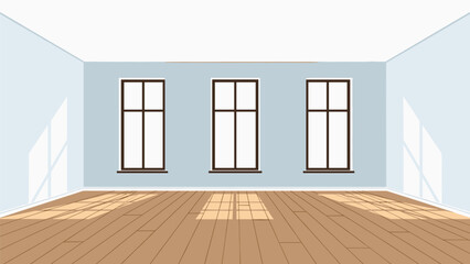 Sunlit empty room with hardwood floors and blue walls perfect for interior design mockups or real estate listings