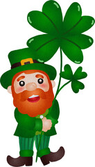 Leprechaun Holding a Shamrock Illustration Watercolor Hand Drawn Style
