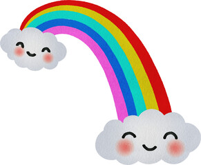 Cartoon Rainbow with Smiling Clouds Illustration Watercolor Hand Drawn Style
