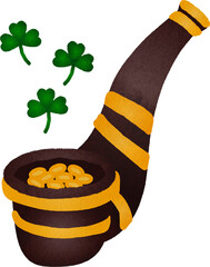 Irish Smoking Pipe with Gold and Shamrocks Watercolor Hand Drawn Style