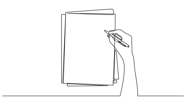 Self drawing line animation hand signs documents continuous line concept. Full length motion