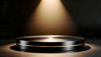 A sleek circular podium illuminated by a dramatic spotlight against a dark moody background evoking a sense of prestige and anticipation