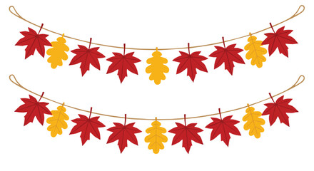Vibrant autumn leaves garland illustration on a plain white background for seasonal design elements and festive decorations